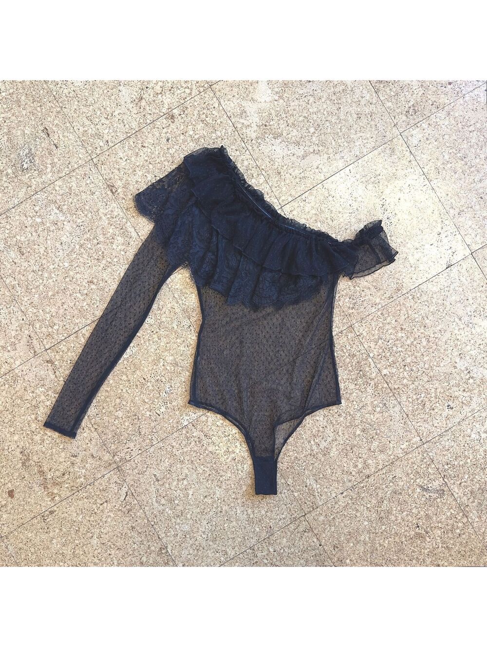 House of Harlow 1960 x Revolve Cora Bodysuit SMALL Black Lace Ruffle Sheer Mesh